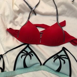 2 Bikini Tops-Red/silver & light green/black